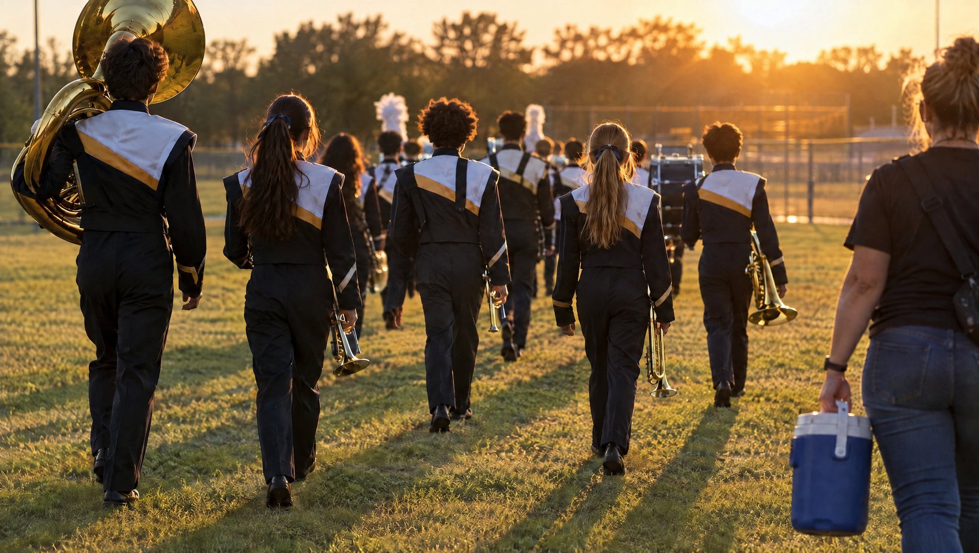 A marching band in uniform walking across a field at sunset carrying their instruments, a parent alongside with a cooler